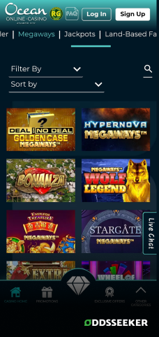 A screenshot of the mobile casino games library page for Ocean Online Casino